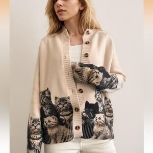Cat Print Cardigan Sweater